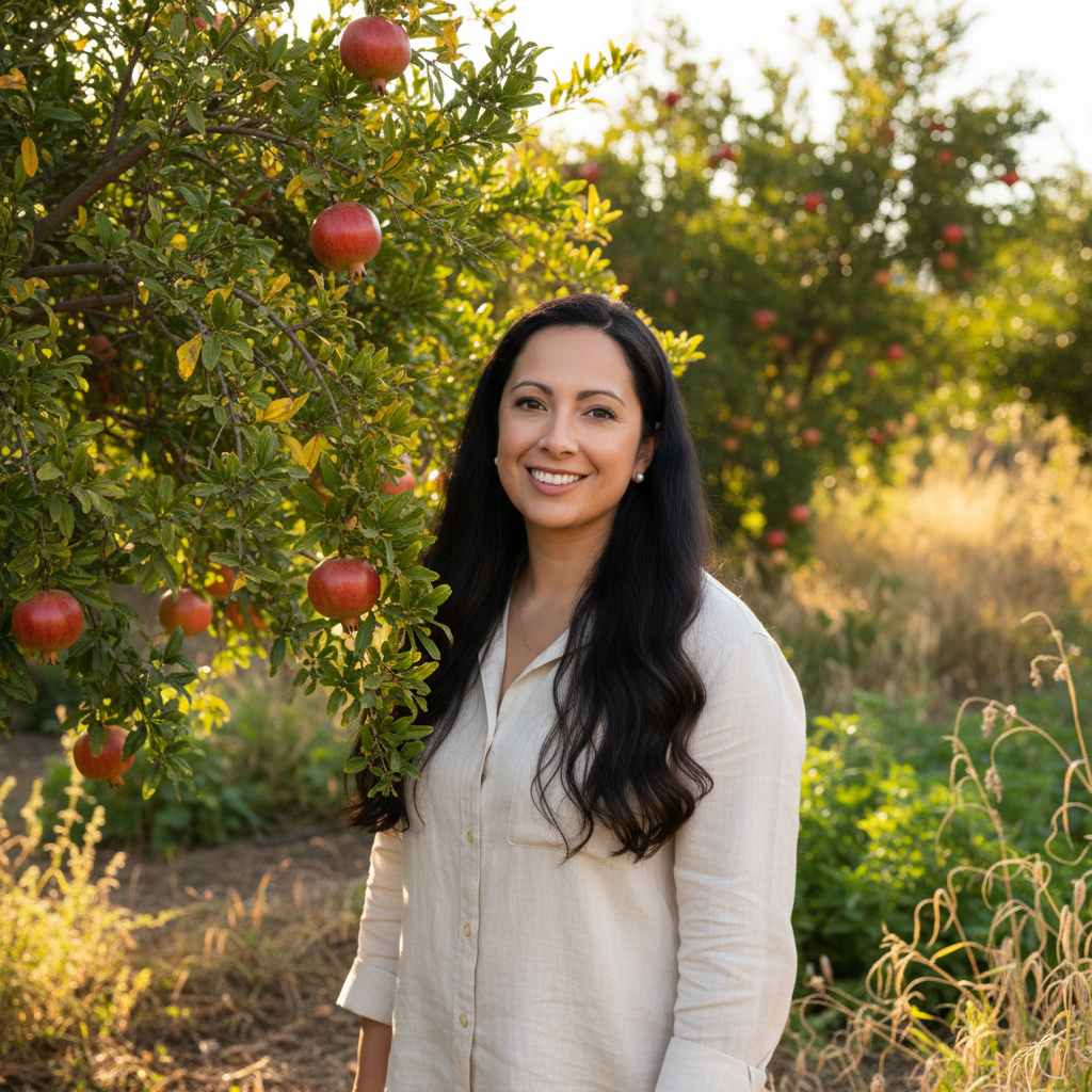 Mujer en la finca de granadas